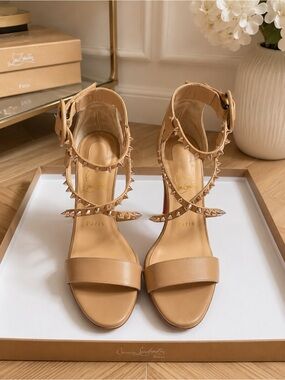 Christian Louboutin Nude Tan Studded Ankle-Strap Heels